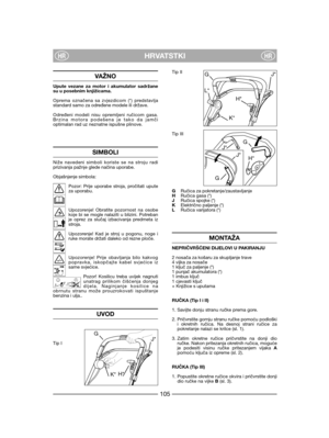 Page 107HRVATSTKIHRHR
VAŽNO
Upute vezane za motor i akumulator sadržanesu u posebnim knjižicama.
Oprema označena sa zvjezdicom (*) predstavljastandard samo za određene modele ili države.
Određeni modeli nisu opremljeni ručicom gasa.Brzina motora podešena je tako da jamčioptimalan rad uz neznatne ispušne plinove.
SIMBOLI
Niže navedeni simboli koriste se na stroju radiprizivanja pažnje glede načina uporabe.
Objašnjenje simbola:
Pozor: Prije uporabe stroja, pročitati uputeza uporabu.
Upozorenje! Obratite pozornost...