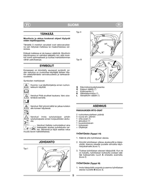 Page 11SUOMIFIFI
TÄRKEÄÄ
Moottoria ja akkua koskevat ohjeet löytyvätniiden käyttöoppaista.
Tähdellä (*) merkityt varusteet ovat vakiovarustee-na vain tietyissä malleissa tai maakohtaisissa ver-sioissa.
Eräissä malleissa ei ole kaasun säädintä. Moottorinkäyntinopeus on valmiiksi säädetty niin, että moot-tori toimii optimaalisesti ja tuottaa mahdollisimmanvähän pakokaasuja.
SYMBOLIT
Koneeseen on kiinnitetty seuraavat symbolit, joi-den tarkoitus on muistuttaa käyttäjää laitteen käy-tön edellyttämästä...