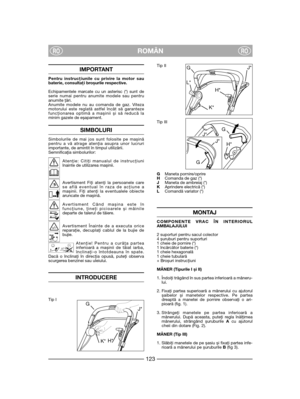 Page 125ROMÂNRORO
IMPORTANT
Pentru instrucţiunile cu privire la motor saubaterie, consultaţi broșurile respective.
Echipamentele marcate cu un asterisc (*) sunt deserie numai pentru anumite modele sau pentruanumite ţări.Anumite modele nu au comanda de gaz. Vitezamotorului este reglată astfel încât să garantezefuncţionarea optimă a mașinii și să reducă laminim gazele de eșapament.
SIMBOLURI
Simbolurile de mai jos sunt folosite pe mașinăpentru a vă atrage atenţia asupra unor lucruriimportante, de amintit în timpul...