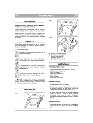 Page 65PORTUGUESEPTPT
IMPORTANTE
Para as instruções relativas ao motor e à bateria,consultar os respectivos manuais.
O equipamento que está marcado com um asterisco(*) é fornecido de série em alguns modelos ou países.
Alguns modelos não têm acelerador. A rotação domotor está regulada de forma a optimizar o funciona-mento do motor e a minimizar as emissões de gasesde escape.
SÍMBOLOS
Os símbolos seguintes encontram-se na máquinapara que se lembre do cuidado e atenção necessá-rios à sua utilização.
Os símbolos...