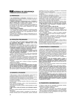 Page 3634
NORMAS DE SEGURANÇAA OBSERVAR ESCRUPULOSAMENTE
1) Ler atentamente as instruções. Familiarizar-se com os
controles e com a utilização correcta da relvadeira. Aprender a
parar rapidamente o motor.
2) Utilizar a relvadeira exclusivamente para a finalidade à
qual se destina, isto é, cortar a relva. Qualquer outro uso
pode vir a ser perigoso e causar danos à máquina.
3) Nunca permitir que a relvadeira seja usada por crianças ou
por pessoas que não tenham a necessária familiaridade com
as instruções. As...