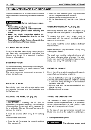 Page 199Correct maintenance is essential to maintain the
original efficiency and safety of the machine over
time.
During maintenance oper-
ations:
–Remove the spark plug cap.
–Wait until the engine is sufficiently cold.
–Use protective gloves when handling the
blades.
–Keep the blade protection device on,
except when intervening directly on the
blade.
–Never dispose of oils, fuel or other polluting
materials in unauthorised places.
CYLINDER AND SILENCER
To reduce fire risks, periodically clean the cylin-
der...