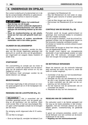 Page 253Een correct onderhoud is fundamenteel om in de
tijd de oorspronkelijke efficiëntie en gebruiksvei-
ligheid van de machine in stand te houden.
Tijdens het onderhoud:
–Haal de kap van de bougie.
–Wacht tot de motor voldoende afgekoeld is.
–Gebruik werkhandschoenen voor alle han-
delingen die betrekking hebben op de mes-
sen.
–Houd de mesbescherming op zijn plaats,
tenzij aan het mes zelf gewerkt moet wor-
den.
–De olie, benzine of andere vervuilende
materialen niet in het milieu gooien.
CILINDER EN...