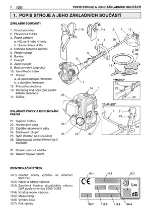 Page 79CS
ZÁKLADNĺ SOUČÁSTI
1. Hnací jednotka
2. Převodová trubka
3. Řezné zařízení
a. Nůž se 3 nebo 4 hroty
b. Upínací hlava drátu
4. Ochrana řezacího zařízení
5. Přední rukoje
6. Bariéra
7. Rukoje
8. Zadní rukoje
9. Bod uchycení (popruhu)
10. Identifikační štítek
11. Popruh
a. se samostatným řemenem
b. s dvojitým řemenem
12. Pravoúhlá předloha
13. Ochranný kryt nože (pro použití
během přepravy)
14. Svíčka
OVLÁDACĺ PRVKY A DOPLŇOVÁNĺ
PALIVA
21. Vypínač motoru
22. Akcelerační páka
23. Zajištění akcelerační...