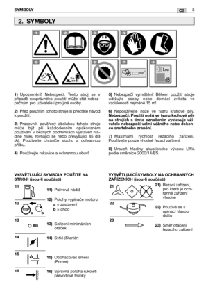 Page 80CS
1)Upozornění! Nebezpečí. Tento stroj se v
případě nesprávného použití může stát nebez-
pečným pro uživatele i pro jiné osoby.
2)Před použitím tohoto stroje si přečtěte návod
k použití.
3)Pracovník pověřený obsluhou tohoto stroje
může být při každodenním opakovaném
používání v běžných podmínkách vystaven hla-
dině hluku rovnající se nebo převyšující 85 dB
(A). Používejte chrániče sluchu a ochrannou
přilbu.
4)Používejte rukavice a ochrannou obuv!
11)Palivová nádrž
12)Polohy vypínače motorua= zastaveníb=...