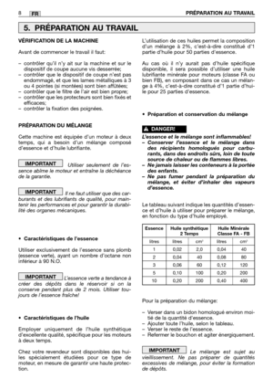 Page 2058PRÉPARATION AU TRAVAILFR
VÉRIFICATION DE LA MACHINE
Avant de commencer le travail il faut:
–contrôler qu’il n’y ait sur la machine et sur le
dispositif de coupe aucune vis desserrée;
–contrôler que le dispositif de coupe n’est pas
endommagé, et que les lames métalliques à 3
ou 4 pointes (si montées) sont bien affûtées;
–contrôler que le filtre de l’air est bien propre;
–contrôler que les protecteurs sont bien fixés et
efficaces;
–contrôler la fixation des poignées.
PRÉPARATION DU MÉLANGE
Cette machine...