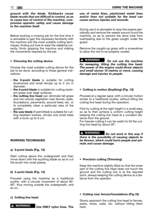 Page 215EN12USING THE MACHINE
ground with the blade. Kickbacks cause
blade recoils that are difficult to control, so as
to cause loss of control of the machine, com-
promise operator safety and cause damage
to the machine itself.
Before tackling a mowing job for the first time it
is advisable to gain the necessary familiarity with
the machine and the most suitable cutting tech-
niques, finding out how to wear the webbing cor-
rectly, firmly gripping the machine and making
the movements required by the job.
•...