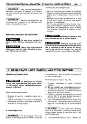 Page 230Tenir bien distincts et identi-
fiables les conteneurs du mélange et de l’essen-
ce, pour éviter de les confondre au moment de
l’emploi.
Nettoyer périodiquement les
conteneurs de l’essence et du mélange, pour
enlever les dépôts éventuels
APPROVISIONNEMENT EN CARBURANT
Ne pas fumer pendant le
plein, et éviter d’inhaler des vapeurs d’essen-
ce.
Ouvrir avec précaution le
bidon, car il pourrait s’être formé de la pres-
sion à l’intérieur du bidon.
!ATTENTION!
!DANGER!
IMPORTANT
IMPORTANTAvant d’exécuter le...