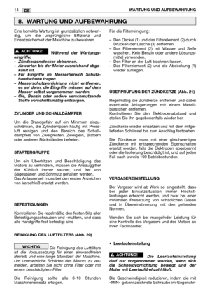 Page 253Eine korrekte Wartung ist grundsätzlich notwen-
dig, um die ursprüngliche Effizienz und
Einsatzsicherheit der Maschine zu bewahren.
Während der Wartungs-
eingriffe:
–Zündkerzenstecker abtrennen.
–Abwarten bis der Motor ausreichend abge-
kühlt ist.
–Für Eingriffe im Messerbereich Schutz-
handschuhe tragen
–Messerschutzvorrichtung nicht entfernen,
es sei denn, die Eingriffe müssen auf dem
Messer selbst vorgenommen werden.
–Öle, Benzin oder andere verschmutzende
Stoffe vorschriftsmäßig entsorgen.
ZYLINDER...