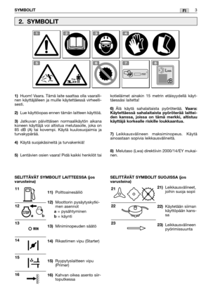 Page 26FI
1)Huom! Vaara. Tämä laite saattaa olla vaaralli-
nen käyttäjälleen ja muille käytettäessä virheelli-
sesti.
2)Lue käyttöopas ennen tämän laitteen käyttöä.
3)Jatkuvan päivittäisen normaalikäytön aikana
koneen käyttäjä voi altistua melutasolle, joka on
85 dB (A) tai kovempi. Käytä kuulosuojaimia ja
turvakypärää.
4)Käytä suojakäsineitä ja turvakenkiä!
5)Lentävien osien vaara! Pidä kaikki henkilöt tai
11)Polttoainesäiliö
12)Moottorin pysäytyskytki-
men asennot
a= pysähtyminenb= käynti
13)Miniminopeuden...