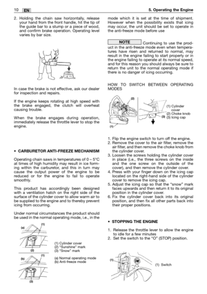 Page 1210MM10EN5. Operating the Engine
2. Holding the chain saw horizontally, release
your hand from the front handle, hit the tip of
the guide bar to a stump or a piece of wood,
and confirm brake operation. Operating level
varies by bar size.
In case the brake is not effective, ask our dealer
for inspection and repairs.
If the engine keeps rotating at high speed with
the brake engaged, the clutch will overheat
causing trouble.
When the brake engages during operation,
immediately release the throttle lever to...