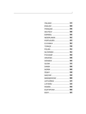 Page 1ITALIANO ......................................
ENGLISH ......................................
FRANÇAIS ....................................
DEUTSCH ....................................
ESPAÑOL .....................................
NEDERLANDS ...............................
PORTUGUÊS.................................
∂§§∏¡π∫∞...................................
TÜRKÇE.......................................
POLSKI..........................................
SLOVENSKI......................................