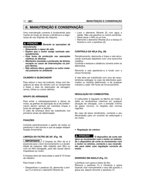 Page 126Uma manutenção correcta é fundamental paramanter ao longo do tempo a eficiência e a segu-rança de uso originais da máquina.
Durante as operações demanutenção:– Desprenda o capuz da vela.– Espere que o motor esteja resfriado ade-quadamente.– Usar luvas de protecção nas operaçõesrelativas às lâminas– Mantenha montada a protecção da lâmina,excepto os casos de intervenções na pró-pria lâmina.– Não elimine óleos, gasolina ou outro mate-rial poluente no ambiente
CILINDRO E SILENCIADOR
Para reduzir o risco de...