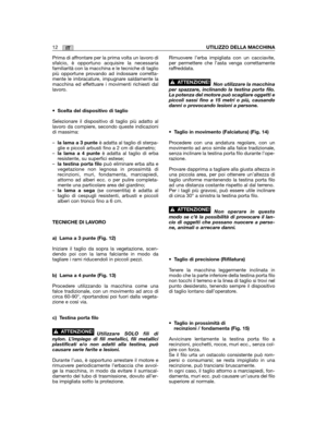 Page 16IT12UTILIZZO DELLA MACCHINA
Prima di affrontare per la prima volta un lavoro disfalcio, è opportuno acquisire la necessariafamiliarità con la macchina e le tecniche di tagliopiù opportune provando ad indossare corretta-mente le imbracature, impugnare saldamente lamacchina ed effettuare i movimenti richiesti dallavoro.
•Scelta del dispositivo di taglio
Selezionare il dispositivo di taglio più adatto allavoro da compiere, secondo queste indicazionidi massima:
–la lama a 3 punteè adatta al taglio di...