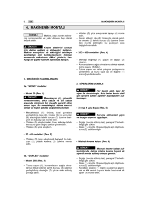 Page 154Makine, bazı monte edilme-miﬂ komponentler ve yakıt deposu boﬂ olaraktedarik edilir.  
Kesim aletlerini tutmakiçin daima sa¤lam iﬂ eldivenleri kullanın.Makine emniyetini ve etkinli¤ini tehlikeyesokmamak için komponentlerin montajıesnasında maksimum dikkat gösterin; her-hangi bir ﬂüphe halinde Satıcınıza danıﬂın.
1. MAK‹NEN‹N TAMAMLANMASI
1a. “MONO” modeller
• Model 29 (Res. 1)
Mesafeleyici (1), güvenliknedenlerinden, arka kabza ve ön kabzaarasında minimum bir mesafe garanti etmeamacı taﬂır. Bu...
