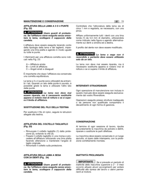 Page 19IT
AFFILATURA DELLA LAMA A 3 O 4 PUNTE(Fig. 22)
Usare guanti di protezio-ne. Se l’affilatura viene eseguita senza smon-tare la lama, scollegare il cappuccio dellacandela.
L’affilatura deve essere eseguita tenendo contodella tipologia della lama e dei taglienti, impie-gando una lima piatta e agendo in modo ugualesu tutte le punte.
I riferimenti per una affilatura corretta sono indi-cati nella Fig. 23:
A = Affilatura errataB = Limiti di affilaturaC = Angoli errati e diseguali
È importante che dopo...