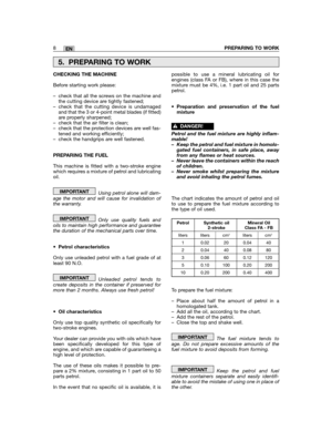 Page 308PREPARING TO WORKEN
CHECKING THE MACHINE
Before starting work please:
– check that all the screws on the machine andthe cutting device are tightly fastened;– check that the cutting device is undamagedand that the 3 or 4-point metal blades (if fitted)are properly sharpened;– check that the air filter is clean;– check that the protection devices are well fas-tened and working efficiently;– check the handgrips are well fastened.
PREPARING THE FUEL
This machine is fitted with a two-stroke enginewhich...