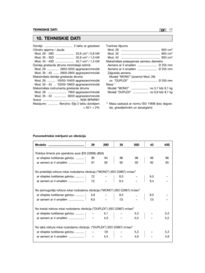 Page 399Dzinējs .................................. 2 taktu ar gaisdzesiCilindru apjoms / JaudaMod. 29 - 29D ....................... 25,6 cm3/ 0,8 kWMod. 35 - 35D ....................... 32,6 cm3/ 1,0 kWMod. 43 - 43D ....................... 42,7 cm3/ 1,3 kWDzinēja griešanās ātrums minimālajā režīmāMod. 29 .............. 2800-3000 apgriezieni/minūtēMod. 35 - 43 ...... 2600-2800 apgriezieni/minūtēMaksimālais dzinēja griešanās ātrumsMod. 29 .......... 10000-10400 apgriezieni/minūtēMod. 35 - 43 .. 10200-10600...