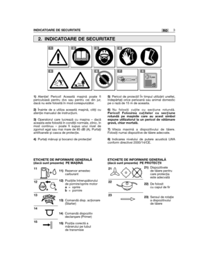 Page 403RO
1)Atenţie! Pericol! Această mașină poate fipericuloasă pentru dvs sau pentru cei din jur,dacă nu este folosită în mod corespunzător.
2)Înainte de a utiliza această mașină, citiţi cuatenţie manualul de instrucţiuni.
3)Operatorul care lucrează cu mașina – dacăaceasta este folosită în condiţii normale, zilnic, înmod continuu – poate fi supus unui nivel dezgomot egal sau mai mare de 85 dB (A). Purtaţiantifoanele și casca de protecţie.
4)Purtaţi mănuși și bocanci de protecţie!
11)Rezervor amesteccarburant...