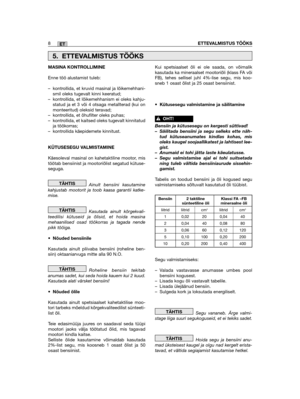 Page 444ET8ETTEVALMISTUS TÖÖKS
MASINA KONTROLLIMINE
Enne töö alustamist tuleb:
– kontrollida, et kruvid masinal ja lõikemehhani-smil oleks tugevalt kinni keeratud; – kontrollida, et lõikemehhanism ei oleks kahju-statud ja et 3 või 4 otsaga metallterad (kui onmonteeritud) oleksid teravad;– kontrollida, et õhufilter oleks puhas;– kontrollida, et kaitsed oleks tugevalt kinnitatudja töökorras;– kontrollida käepidemete kinnitust.
KÜTUSESEGU VALMISTAMINE
Käesoleval masinal on kahetaktiline mootor, mistöötab bensiinist...