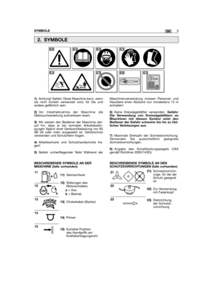 Page 61DE
1)Achtung! Gefahr. Diese Maschine kann, wennsie nicht korrekt verwendet wird, für Sie undandere gefährlich sein.
2)Vor Inbetriebnahme der Maschine dieGebrauchsanleitung aufmerksam lesen.
3)Wir weisen den Bediener der Maschine dar-auf hin, dass er bei normalen Arbeitsbedin-gungen täglich einer Geräuschbelastung von 85dB (A) oder mehr ausgesetzt ist. Gehörschutzverwenden und Schutzhelm tragen.
4)Arbeitsschuhe und Schutzhandschuhe tra-gen!
5)Gefahr umherfliegender Teile! Während der
11)Gemischtank...