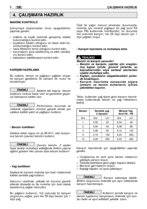 Page 1246 ÇALIﬁMAYA HAZIRLIKTR
MAK‹NE KONTROLÜ 
Çalıﬂmaya baﬂlamadan önce aﬂa¤ıdakileri yapmak gerekir:  
– makine ve bıçak üzerinde gevﬂemiﬂ vidalar bulunmadı¤ını kontrol edin;– bıçakların keskin oldu¤unu ve hasar izleri bu-lundurmadı¤ını kontrol edin;– hava filtresinin temiz oldu¤unu kontrol edin;– korumaların iyice sabitlenmiﬂ ve etkin oldukla-rını kontrol edin;– kabzaların sabitlemesini kontrol edin. 
KARIﬁIM HAZIRLAMA 
Bu makine, benzin ve ya¤layıcı ya¤dan oluﬂan bir karıﬂım gerektiren iki zamanlı bir motor...