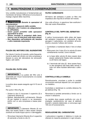 Page 16Una corretta manutenzione è fondamentale per mantenere nel tempo l’efficienza e la sicurezza diimpiego originali della macchina. 
Durante le operazioni di manutenzione:– staccare il cappuccio della candela.– Attendere che il motore sia adeguatamen-te raffreddato.– Usare guanti protettivi nelle operazioniriguardanti le lame.– Tenere montate le protezioni della lama,tranne i casi di interventi sulla lama stessa.– Non disperdere nell’ambiente olii, benzinao altro materiale inquinante. 
PULIZIA DEL MOTORE E...