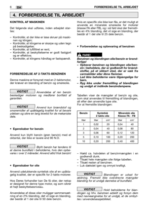 Page 1666FORBEREDELSE TIL ARBEJDETDA
KONTROL AF MASKINEN 
Det følgende skal udføres, inden arbejdet star- tes: 
– Kontrollér, at der ikke er løse skruer på maski- nen og klingen;– Kontrollér, at klingerne er skarpe og uden tegnpå beskadigelse; – Kontrollér, at luftfiltret er rent;– Kontrollér, at beskyttelserne er godt fastgjort og er effektive;– Kontrollér, at klingens håndtag er fastspændt. 
FORBEREDELSE AF 2-TAKTS-BENZINEN 
Denne maskine er forsynet med en 2-taktsmotor, der kræver en blanding af benzin og...