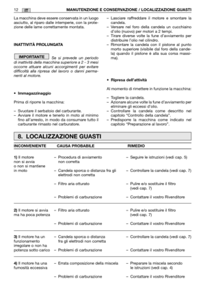 Page 18La macchina deve essere conservata in un luogo asciutto, al riparo dalle intemperie, con la prote-zione delle lame correttamente montata. 
INATTIVITÀ PROLUNGATA 
Se si prevede un periodo di inattività della macchina superiore a 2 - 3 mesioccorre attuare alcuni accorgimenti per evitaredifficoltà alla ripresa del lavoro o danni perma-nenti al motore. 
• Immagazzinaggio 
Prima di riporre la macchina:
– Svuotare il serbatoio del carburante. – Avviare il motore e tenerlo in moto al minimofino all’arresto, in...