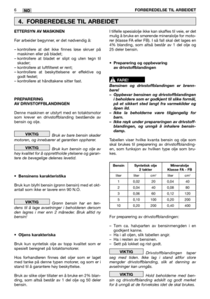 Page 1806FORBEREDELSE TIL ARBEIDETNO
ETTERSYN AV MASKINEN 
Før arbeider begynner, er det nødvendig å:
– kontrollere at det ikke finnes løse skruer på maskinen eller på bladet;– kontrollere at bladet er slipt og uten tegn tilskader;– kontrollere at luftfilteret er rent;– kontrollere at beskyttelsene er effektive oggodt festet;– kontrollere at håndtakene sitter fast. 
PREPARERING AV DRIVSTOFFBLANDINGEN 
Denne maskinen er utstyrt med en totaktsmotor som krever en drivstoffblanding bestående avbensin og olje. 
Bruk...