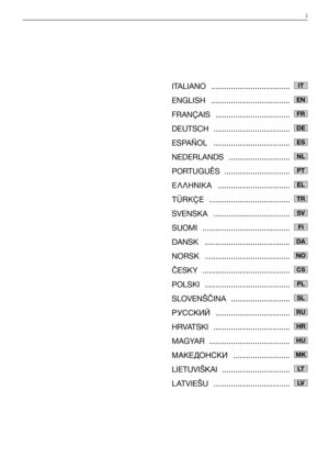 Page 3ITALIANO .................................... 
ENGLISH ....................................
FRANÇAIS ..................................
DEUTSCH ...................................
ESPAÑOL ...................................
NEDERLANDS ............................
PORTUGUÊS ..............................
∂§§∏¡π∫∞ ................................. 
TÜRKÇE ..................................... 
SVENSKA ...................................
SUOMI ........................................
DANSK...