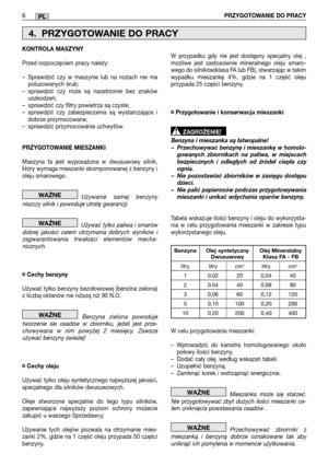 Page 2086PRZYGOTOWANIE DO PRACYPL
KONTROLA MASZYNY 
Przed rozpoczęciem pracy należy:
– Sprawdzić czy w maszynie lub na nożach nie ma poluzowanych śrub;– sprawdzić czy noże są naostrzonei bez znakówuszkodzeń;– sprawdzić czy filtry powietrza są czyste;– sprawdzić czy zabezpieczenia są wystarczające idobrze przymocowane;– sprawdzić przymocowanie uchwytów. 
PRZYGOTOWANIE MIESZANKI 
Maszyna ta jest wyposażona w dwusuwowy silnik, który wymaga mieszanki skomponowanej z benzyny ioleju smarowego. 
Używanie samej benzyny...