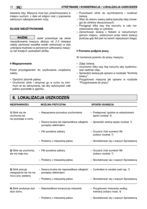 Page 214stawania rdzy. Maszyna musi byc przechowywana w miejscu suchym, z dala od wilgoci oraz z poprawniezałożonym zabezpieczeniem noży. 
DŁUGIE NIEUŻYTKOWANIE
Jeżeli przewiduje się okres nieużytkowania maszyny dłuższy niż 2-3 miesiącenależy zachować wszelkie srodki ostrożności w celuuniknięcia trudności w ponownym użtkowaniu maszy-ny lub trwałych uszkodzeńi silnika.
¤¤ Magazynowanie 
Przed przystąpieniem do użytkowania urządzenia należy: 
– Opróżnić zbiornik paliwa. – Uruchomić silnik i utrzymać go w ruchu na...