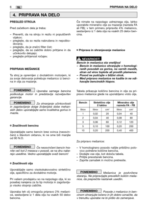Page 2226PRIPRAVA NA DELOSL
PREGLED STROJA 
Pred začetkom dela je treba:
– Preveriti, da na stroju in rezilu ni popuščenih vijakov;– preglejte, da so rezila nabrušena in nepoško-dovana;– preglejte, da je zračni filter čist;– preglejte, da so zaščite dobro pritrjene in daučinkovito delujejo;– preglejte pritrjenost ročajev. 
PRIPRAVA MEŠANICE 
Ta stroj je opremljen z dvotaktnim motorjem, ki za svoje delovanje potrebuje mešanico iz benci-na in olja za mazanje. 
Uporaba samega bencina poškoduje motor in predstavlja...