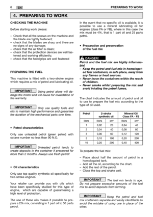 Page 266PREPARING TO WORKEN
CHECKING THE MACHINE 
Before starting work please:
– Check that all the screws on the machine and the blade are tightly fastened;– check that the blades are sharp and there areno signs of any damage;– check that the air filter is clean;– check that the protection devices are well fas-tened and working efficiently;– check that the handgrips are well fastened 
PREPARING THE FUEL  
This machine is fitted with a two-stroke engine which requires a mix of petrol and lubricating oil. 
Using...