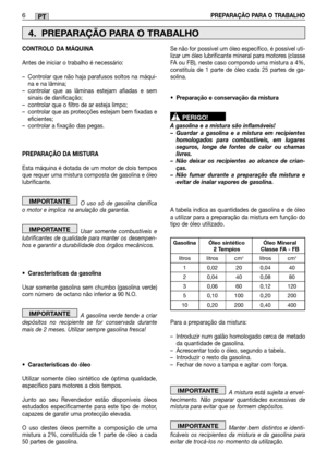 Page 966PREPARAÇÃO PARA O TRABALHOPT
CONTROLO DA MÁQUINA 
Antes de iniciar o trabalho é necessário:
– Controlar que não haja parafusos soltos na máqui- na e na lâmina;– controlar que as lâminas estejam afiadas e semsinais de danificação;– controlar que o filtro de ar esteja limpo;– controlar que as protecções estejam bem fixadas eeficientes;– controlar a fixação das pegas. 
PREPARAÇÃO DA MISTURA  
Esta máquina é dotada de um motor de dois tempos que requer uma mistura composta de gasolina e óleolubrificante. 
O...