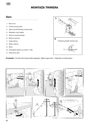 Page 8080
HR
Opis: 
1. Rezni nož
2.  Futrola reznog noža
3.  Vijak za pričvršćivanje reznog noža
4.  Regulator kuta nagiba
5.  Otvori za podmazivanje
6.  Blokirni zavrtanj
7.  Vodičoštrica
8.  Matica oštrica
9.  Brtva
10. Produživač(jedino za model  
∅26)
11. Prijenosna cijev
Primjedba:  Za više informacija vidite poglavlja: «Mjere sigurnosti» i «Naputak za održavanje».
6
8
7
A
B
11109
3
5
45
1
2
5
Popreeni presjek reznog noza
MONTAŽA TRIMERA 