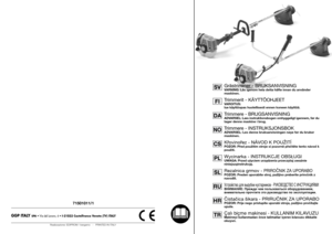 Page 171501011/1
Realizzazione: EDIPROM / bergamo   -   PRINTED IN ITALY
GGP ITALY 
SPA
 • Via del Lavoro, 6 • I-31033 Castelfranco Veneto (TV) ITALY
Grästrimmer - BRUKSANVISNINGVARNING: Läs igenom hela detta häfte innan du använder
maskinen.Trimmerit - KÄYTTÖOHJEETVAROITUS:
lue käyttöopas huolellisesti ennen koneen käyttöä.Trimmere - BRUGSANVISNINGADVARSEL: Læs instruktionsbogen omhyggeligt igennem, før du
tager denne maskine i brug.Trimmere - INSTRUKSJONSBOKADVARSEL: Les denne bruksanvisningen nøye før du...