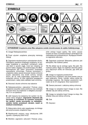 Page 88PLSYMBOLE87
1)Uwaga! Niebezpieczeństwo
2)Przed  użyciem  urządzenia  przeczytaj  instrukcję
obsługi 
3)Zagrożenie nieodwracalnym uszkodzeniem słuchu.
Ostrzegamy operatora niniejszego urządzenia, że uży-
wając  urządzenie  w  warunkach  normalnych,  przez
cały  dzień  w  sposób  ciągły,  może  być  narażony  na
poziom hałasu sięgający lub przekraczający 85 dB(A).
Obowiązkowe  jest  zatem  stosowanie  osobistego
wyposażenia  ochronnego.  Podczas  korzystania  z
urządzenia należy zawsze stosować okulary...