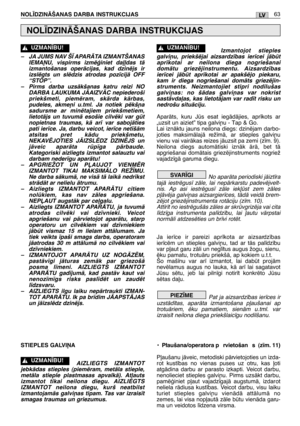 Page 64–JAJUMS NAV Š± APARÅTA IZMANTŠANAS
IEMAøU, vispirms izmïÆiniet da∫∫das tÇ
izmantošanas operÇcijas, kad dzinïjs ir
izslïgts un slïdzis atrodas poz¥cijÇ OFF
“STOP”.
–Pirms darba uzsÇkšanas katru reizi NO
DARBA LAUKUMA JÅAIZVÅC nepiederoši
priekšmeti, piemïram, skÇrda kÇrbas,
pudeles, akme¿i u.tml. Ja notiek pïkš¿a
sadursme ar minïtajiem priekšmetiem,
lietotÇjs un tuvumÇ esošie cilvïki var gt
nopietnas traumas, kÇ ar¥ var sabojÇties
pati ier¥ce. Ja, darbu veicot, ier¥ce net¥šÇm
atsitas pret kÇdu...