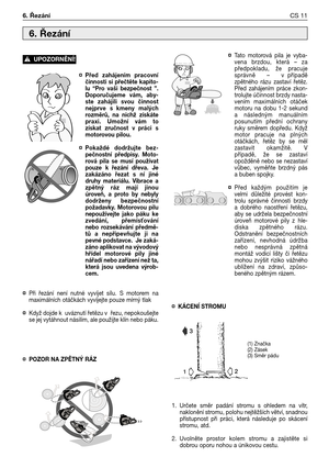 Page 12¤ Před  zahájením  pracovní
činnosti  si  přečtěte  kapito-
lu  “Pro  vaši  bezpečnost  ”.
Doporučujeme  vám,  aby-
ste  zahájili  svou  činnost
nejprve  s kmeny  malých
rozměrů,  na  nichž  získáte
praxi. Umožní  vám  to
získat  zručnost  v práci  s
motorovou pilou.
¤ Pokaždé  dodržujte  bez-
pečnostní  předpisy. Moto-
rová  pila  se  musí  používat
pouze  k řezání  dřeva. Je
zakázáno  řezat  s  ní  jiné
druhy  materiálu. Vibrace  a
zpětný  ráz  mají  jinou
úroveň,  a  proto  by  nebyly
dodrženy...