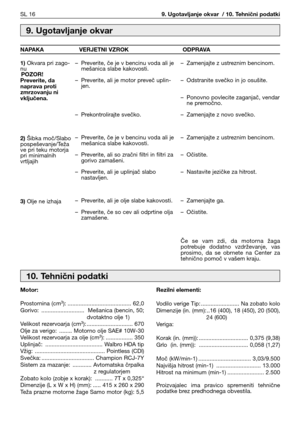 Page 49SL 169. Ugotavljanje okvar  / 10. Tehnični podatki
Motor:
Prostornina (cm
3): ........................................ 62,0
Gorivo:  ........................... Mešanica (bencin, 50; 
dvotaktno olje 1)
Velikost rezervoarja (cm
3): ............................. 670
Olje za verigo:  ........ Motorno olje SAE# 10W-30
Velikost rezervoarja za olje (cm
3): ................. 350
Uplinjač:  .................................... Walbro HDA tip
Vžig:  ............................................ Pointless (CDl)...