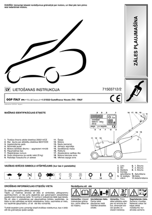 Page 2MAŠ±NAS IDENTIFIKÅCIJAS ETIµETE
1.Trokš¿a l¥menis atbilst direkt¥vai 2000/14/CE
2.Mar ïjums par atbilst¥bu direkt¥vai 98/37/CEE
3.Izgatavošanas gads
4.NominÇlÇ jauda
5.Motora darb¥bas Çtrums – apgriezieni mintï
6.P∫aujmaš¥nas tips
7.ReÆistrÇcijas numurs
8.Svars kilogramos (ja vairÇk nekÇ 25 kg)
9.RažotÇja nosaukums un adrese
DROŠ±BAS INFORMÅCIJAS ETIµEŠU VIETA
Šo zÇles p∫aujmaš¥nu jÇlieto piesardz¥gi. 
TÇpïc  uz  maš¥nas  atrodas  eti etes  ar  simbolisku  piktogrammu
apz¥mïjumiem,  un  tÇs  jums...