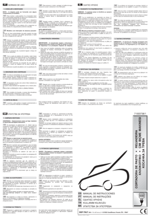 Page 2NORMAS DE USO
NOTA - A máquina pode ser fornecida com alguns
componentes já montados.
Para montar o pára-pedras (1) é necessário fazer
sair a extremidade esquerda do perno (2) e introduzi-la no
furo do suporte esquerdo (3) do chassis. 
Alinhar a outra extremidade do perno com o respectivo
furo do suporte direito (4) e, com o auxílio de uma chave
de parafusos, empurrar o perno no furo até tornar acessí-
vel a caneladura (5). 
Inserir na caneladura o anel elástico (6) e enganchar as
molas direita (7) e...