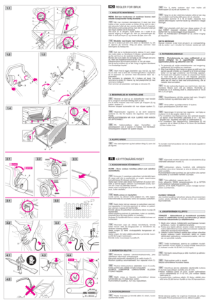 Page 1REGLER FOR BRUK
MERK: Det kan forekomme at maskinen leveres med
enkelte komponenter ferdig monterte.
Når man monterer steinskjermen (1) skal man først
trekke ut den venstre enden av bolten (2) og sett inn den i
det relevante hullet på den venstre støtten (3) til chassiset. 
Still boltens andre ende på linje med det relevante hullet på
den høyre støtten (4) til chassiset. 
Ved bruk av et skrujern, trykk bolten inn i hullet til du
oppnår adgang til riflingen (5). Sett inn stempelringen (6).
Hekt til slutt...