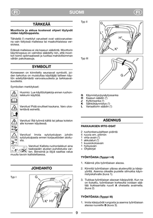 Page 11SUOMI
FIFI
TÄRKEÄÄ
Moottoria ja akkua koskevat ohjeet löytyvät
niiden käyttöoppaista.
Tähdellä (*) merkityt varusteet ovat vakiovarustee-
na vain tietyissä malleissa tai maakohtaisissa ver-
sioissa.
Eräissä malleissa ei ole kaasun säädintä. Moottorin
käyntinopeus on valmiiksi säädetty niin, että moot-
tori toimii optimaalisesti ja tuottaa mahdollisimman
vähän pakokaasuja.
SYMBOLIT
Koneeseen on kiinnitetty seuraavat symbolit, joi-
den tarkoitus on muistuttaa käyttäjää laitteen käy-
tön edellyttämästä...