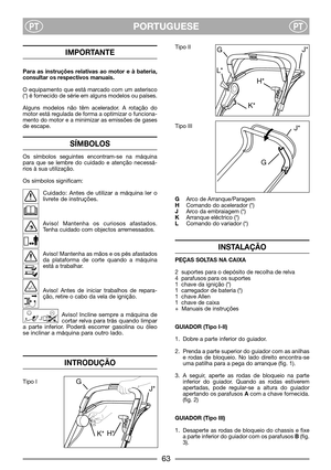 Page 65PORTUGUESEPTPT
IMPORTANTE
Para as instruções relativas ao motor e à bateria,
consultar os respectivos manuais.
O equipamento que está marcado com um asterisco
(*) é fornecido de série em alguns modelos ou países.
Alguns modelos não têm acelerador. A rotação do
motor está regulada de forma a optimizar o funciona-
mento do motor e a minimizar as emissões de gases
de escape.
SÍMBOLOS
Os símbolos seguintes encontram-se na máquina
para que se lembre do cuidado e atenção necessá-
rios à sua utilização.
Os...