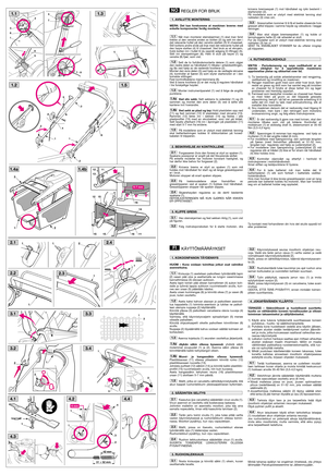 Page 1REGLER FOR BRUK
MERK: Det kan forekomme at maskinen leveres med
enkelte komponenter ferdig monterte.
Når man monterer steinskjermen (1) skal man først
trekke ut den venstre enden av bolten (2) og sett inn den i
det relevante hullet på den venstre støtten (3) til chassiset. 
Still boltens andre ende på linje med det relevante hullet på
den høyre støtten (4) til chassiset. Ved bruk av et skrujern,
trykk bolten inn i hullet til du oppnår adgang til riflingen (5). 
Sett inn stempelringen (6). Hekt til slutt...