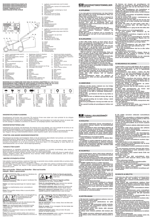 Page 3Fare for skjæreskader. Kniver i
bevegelse. Føtter eller hender må
ikke stikkes inn i knivhuset.
Risk för skärskador. Knivar i rörelse. Stick inte fötter eller
händer i knivhuset.
Risiko for skader.Knive i bevægelse. Stik ikke fødder eller
hænder ind i rotorhuset.
Leikkausvahinkojen vaara. Liikkuvat terät. Älä aseta
jalkojasi tai käsiäsi terätilaan.
Riziko úrazu pořezáním nožem v pohybu, nevsunujte ruce
nebo nohy do prostoru rotujícího nože. Obs: Trekk ut tennplugghodet og
les instruksjonene før hvert...