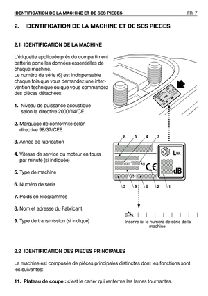 Page 82. IDENTIFICATION DE LA MACHINE ET DE SES PIECES
2.1 IDENTIFICATION DE LA MACHINE
L’étiquette appliquée près du compartiment
batterie porte les données essentielles de
chaque machine.
Le numéro de série (6) est indispensable
chaque fois que vous demandez une inter-
vention technique ou que vous commandez
des pièces détachées.
1.Niveau de puissance acoustique
selon la directive 2000/14/CE
2.Marquage de conformité selon
directive 98/37/CEE 
3.Année de fabrication
4.Vitesse de service du moteur en tours
par...